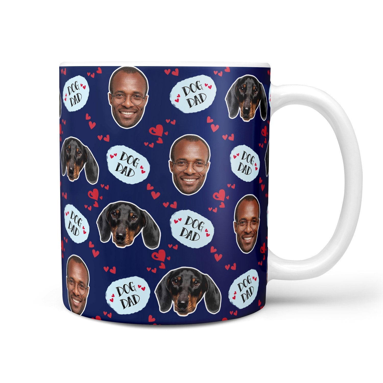 Mug with dog and 'Dog Dad' text pattern on a blue background