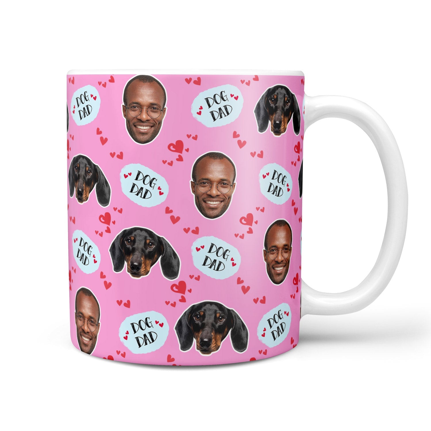 Pink mug with dog dad text and dachshund images on a white background