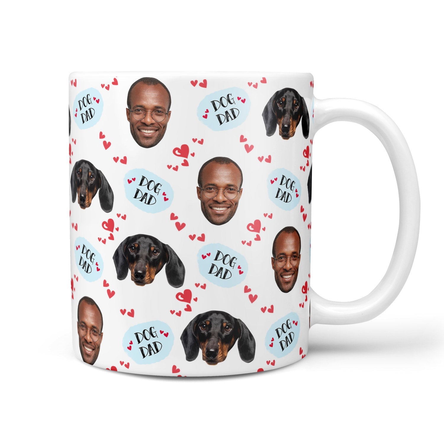 Mug with dog faces and 'Dog Dad' text on a white background
