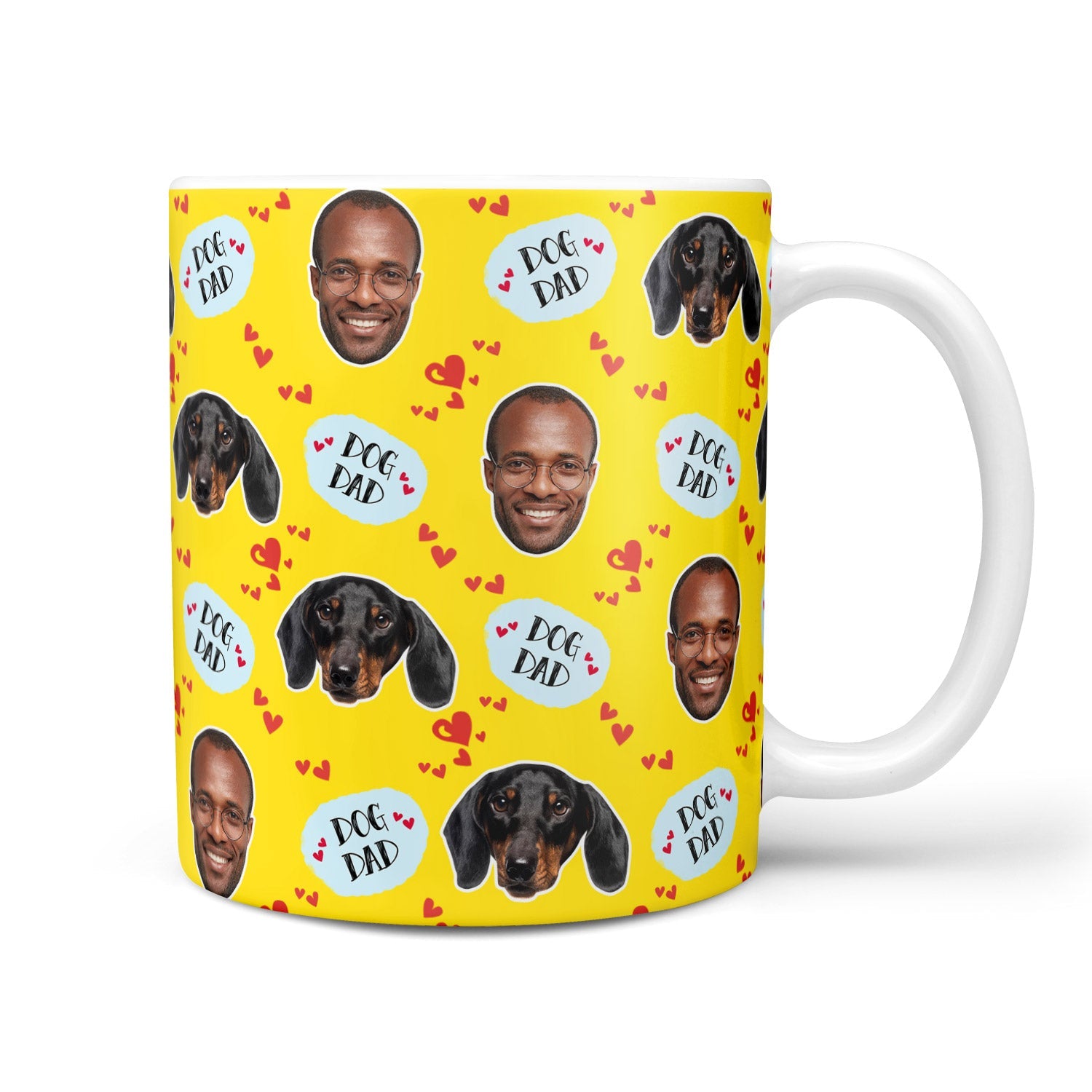 Yellow mug with dog and 'Dog Dad' text pattern on a white background