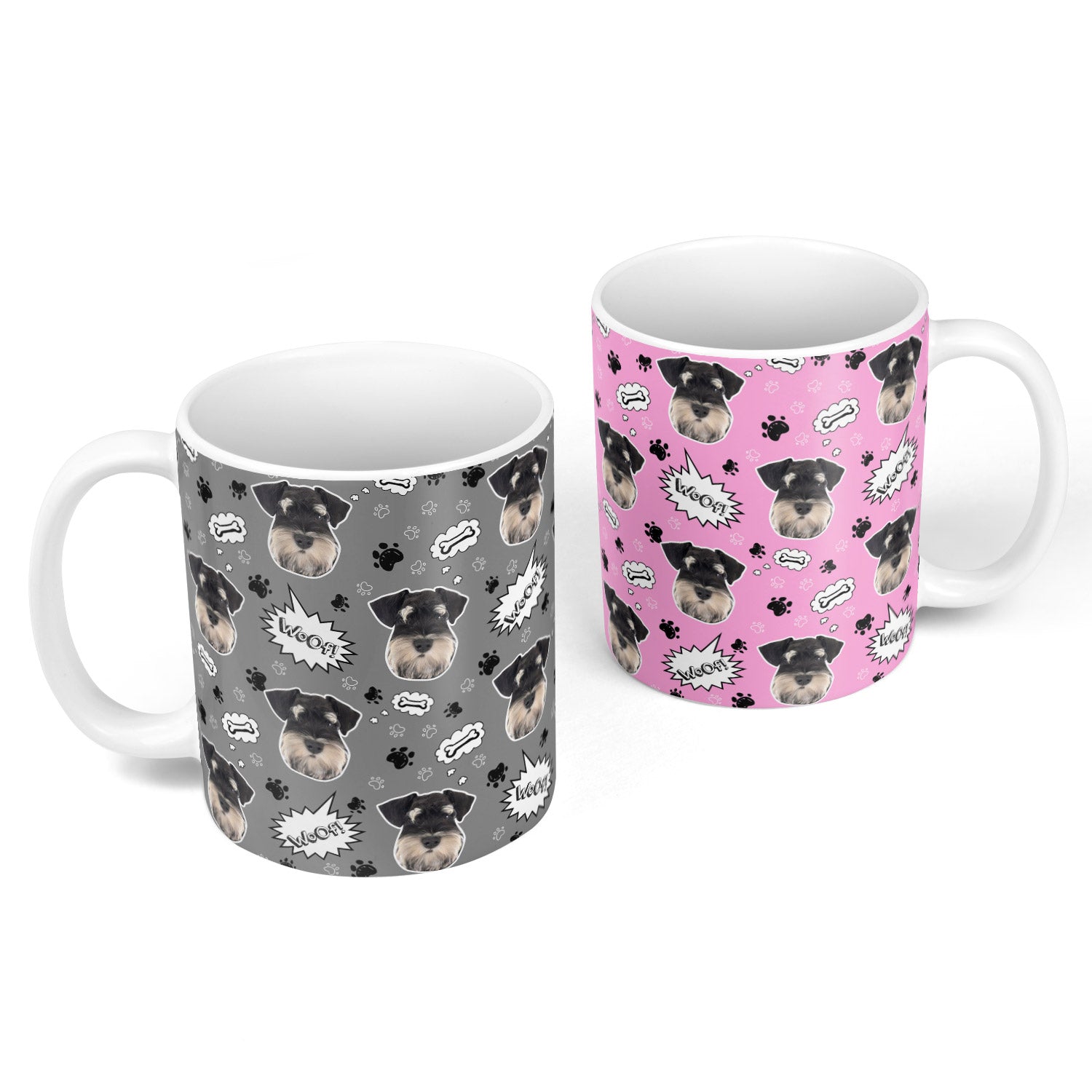 Two mugs with dog pattern designs on a white background