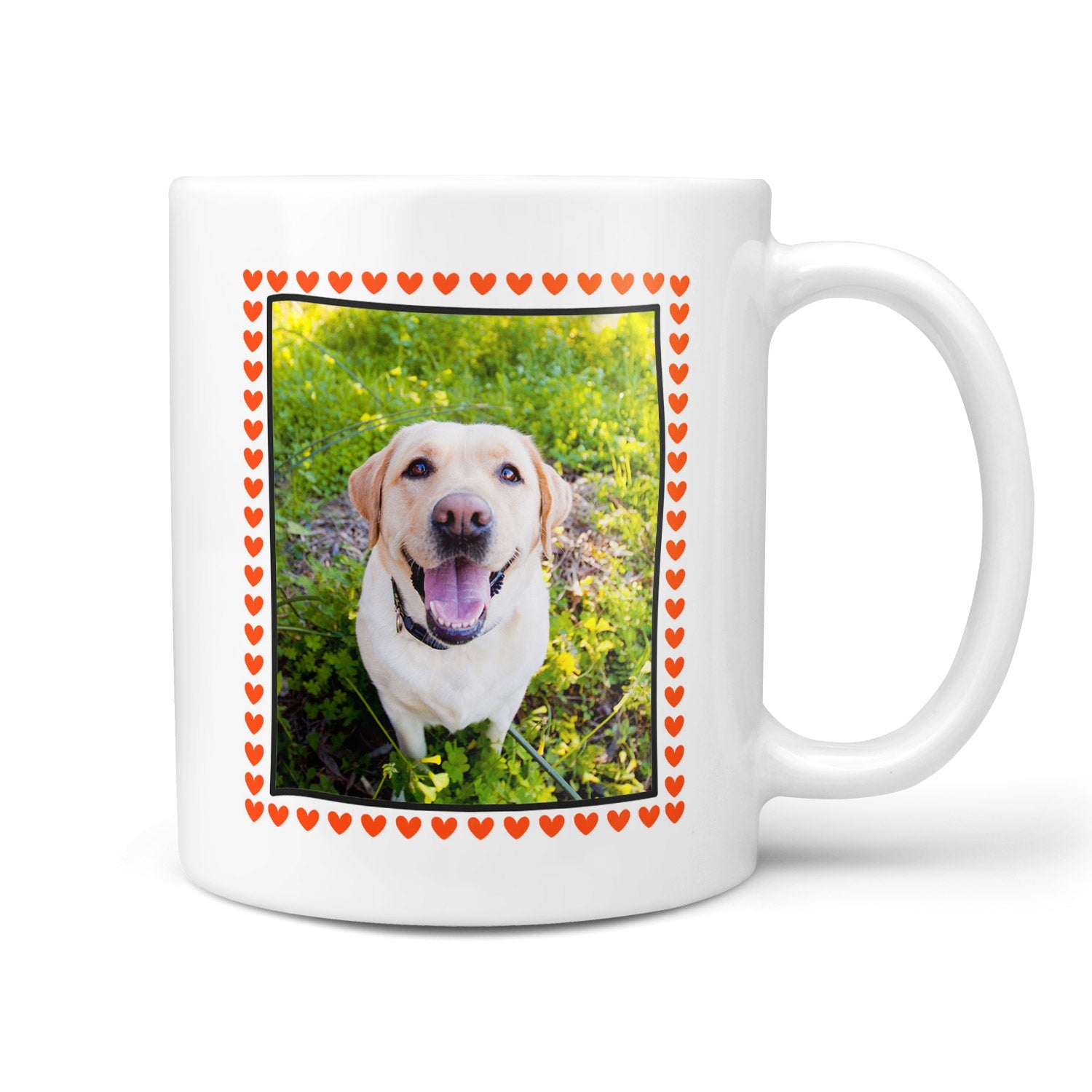White mug with a photo of a dog in a heart border on a white background
