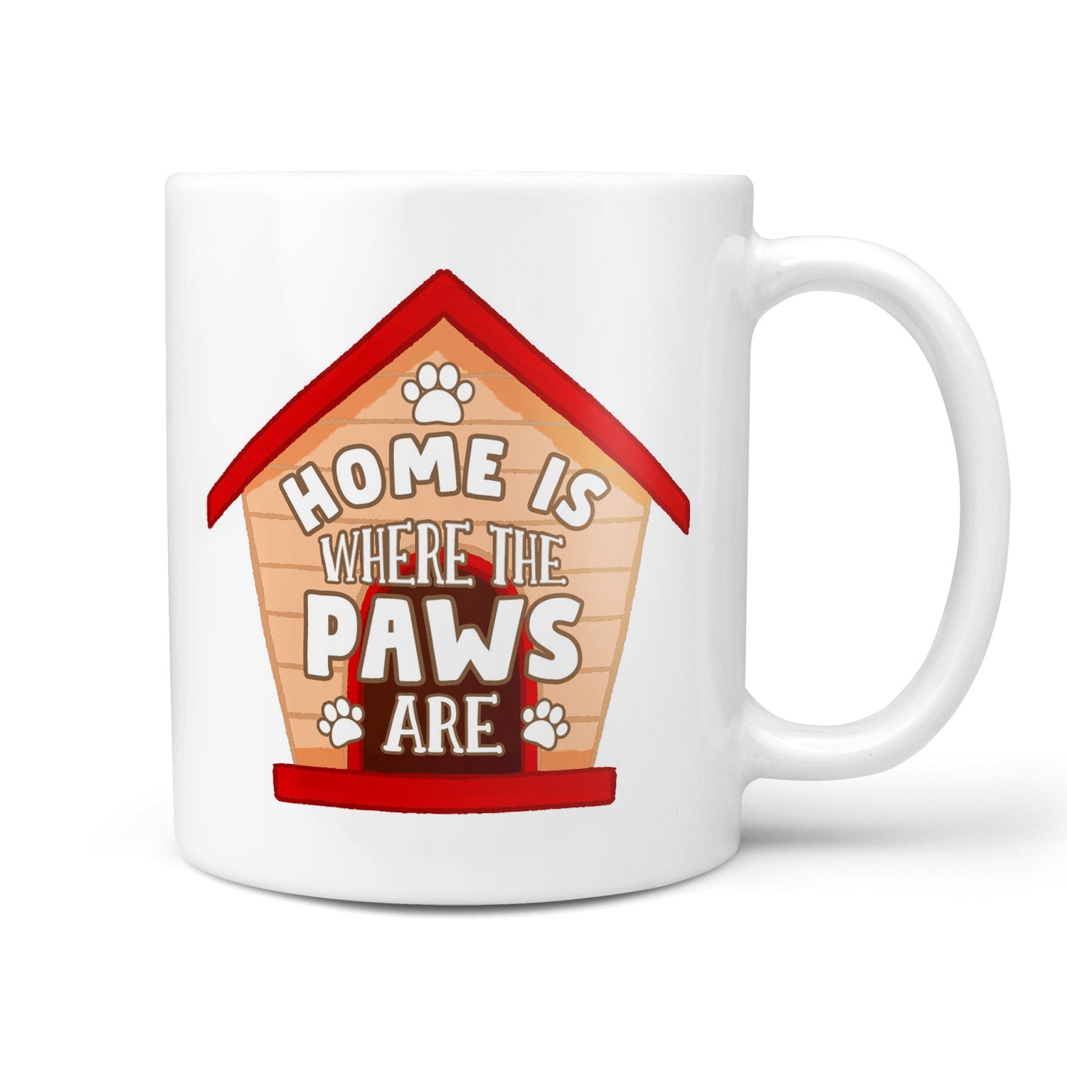 White mug with a doghouse design and 'Home is where the paws are' text on a white background