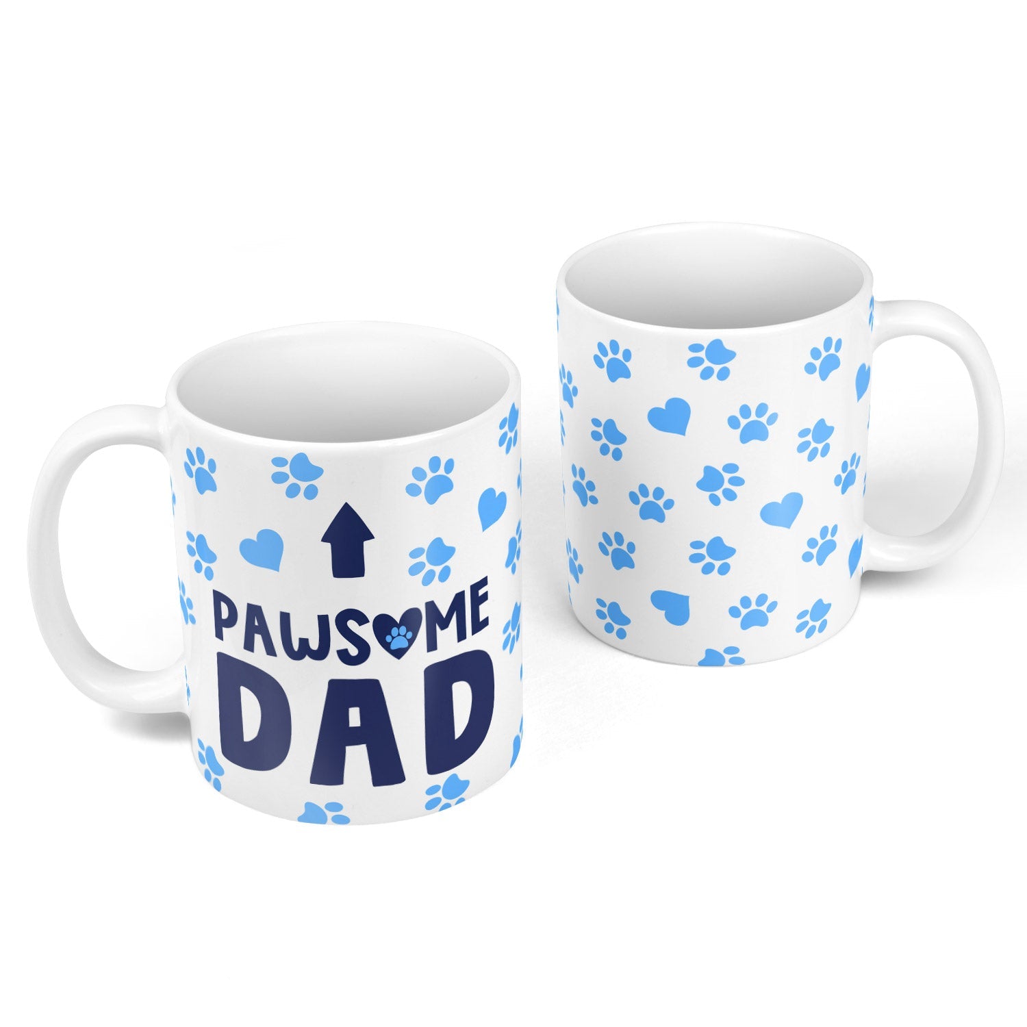 Two white mugs with blue paw prints and 'PAWSOME DAD' text on a white background