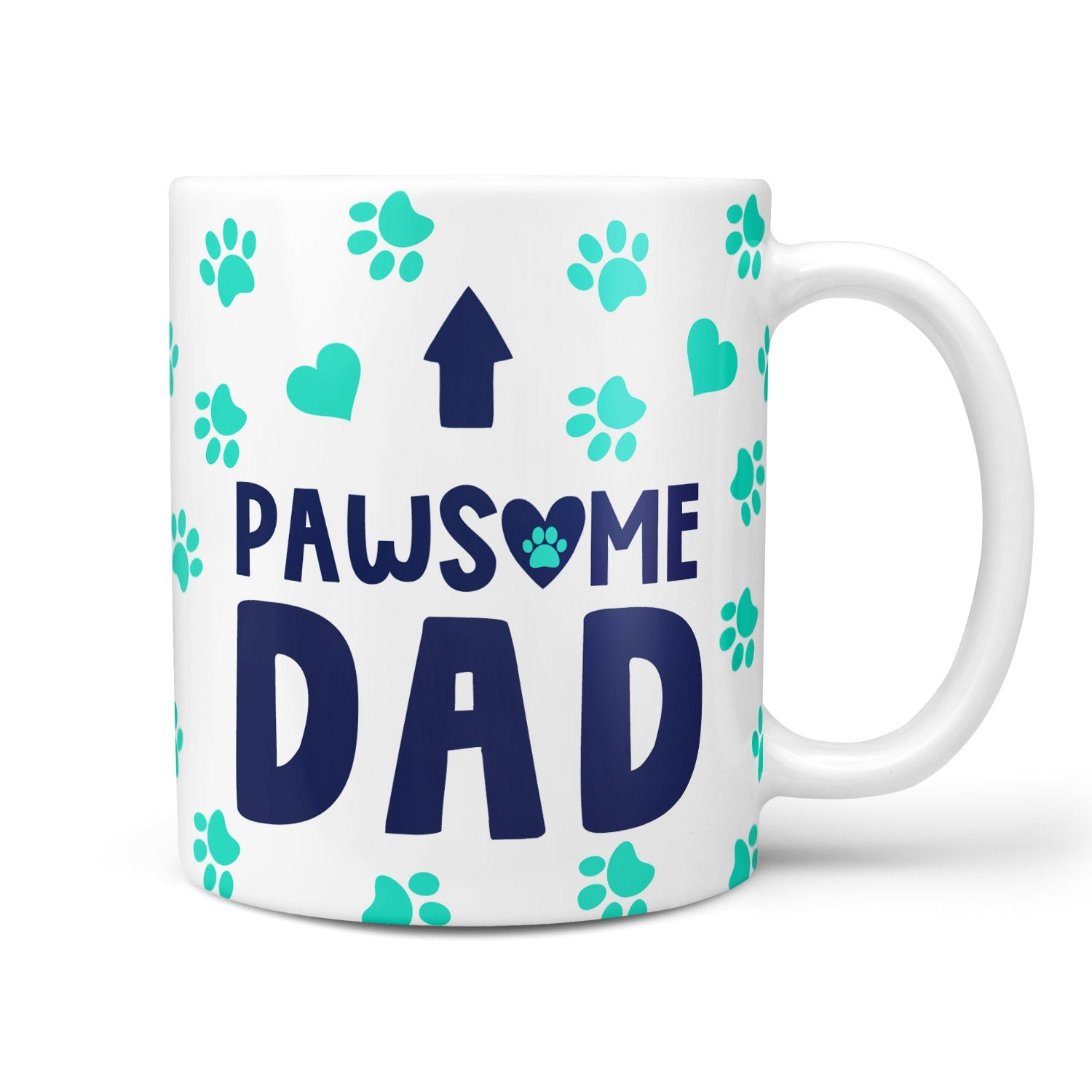 Mug with 'PAWSOME DAD' text and paw print design on a white background