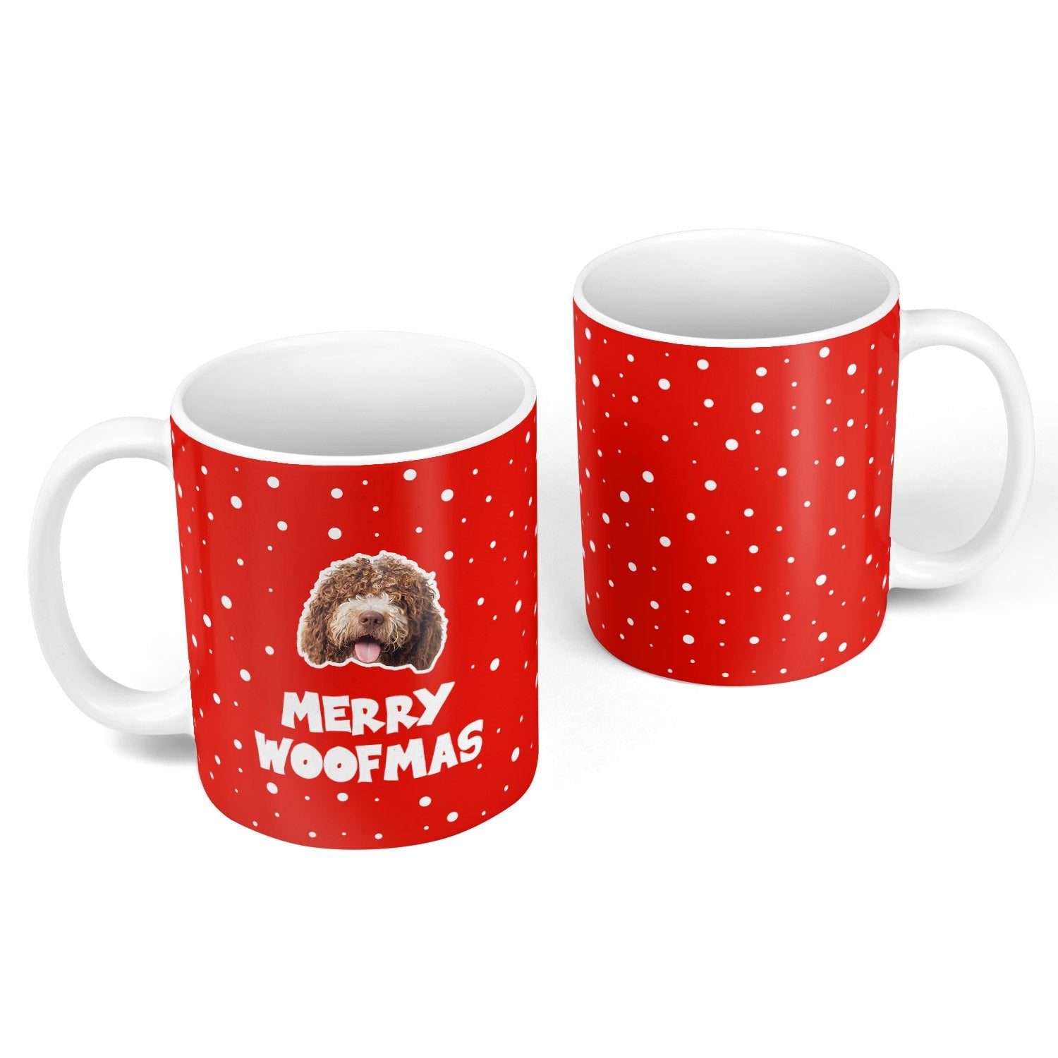 Two red mugs with white polka dots featuring a dog illustration and 'Merry Woofmas' text on a white background.