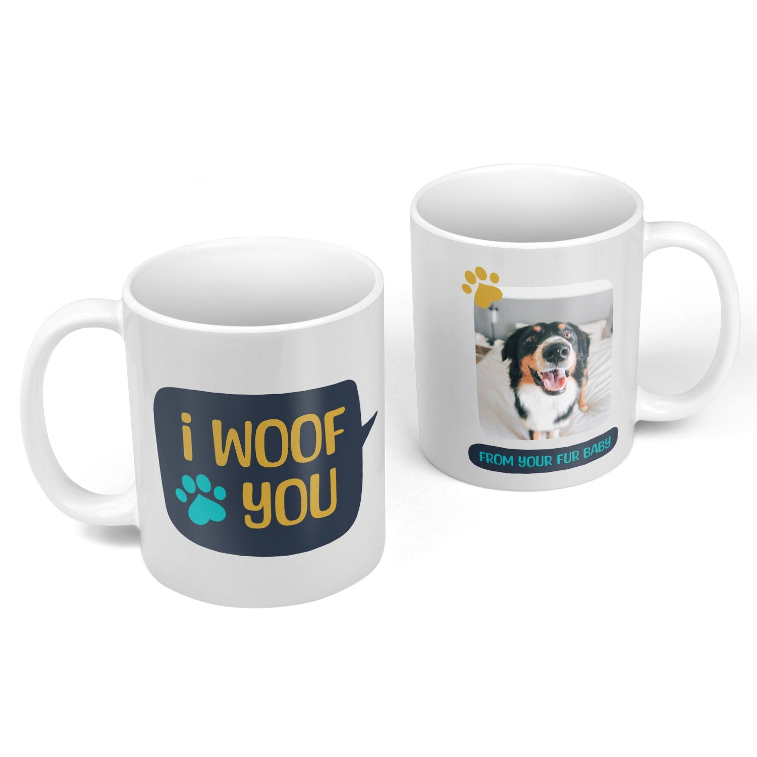 Two white mugs with one featuring a dog photo and 'I woof you' text, on a white background.