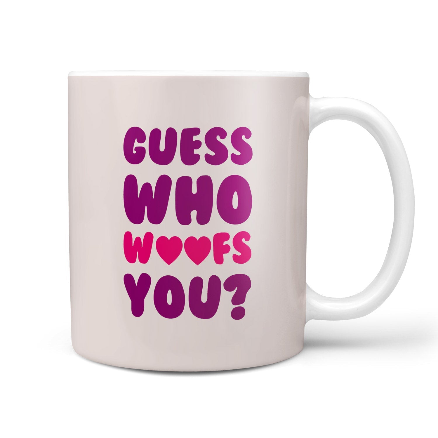 White mug with pink and purple text 'Guess Who Loves You?' on a white background