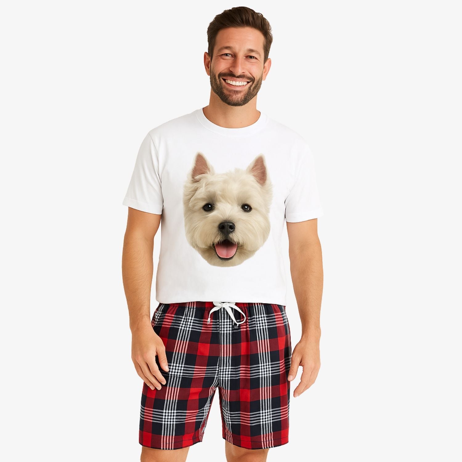 Men's Dog Face Pajamas - Red Tartan Shorts Set